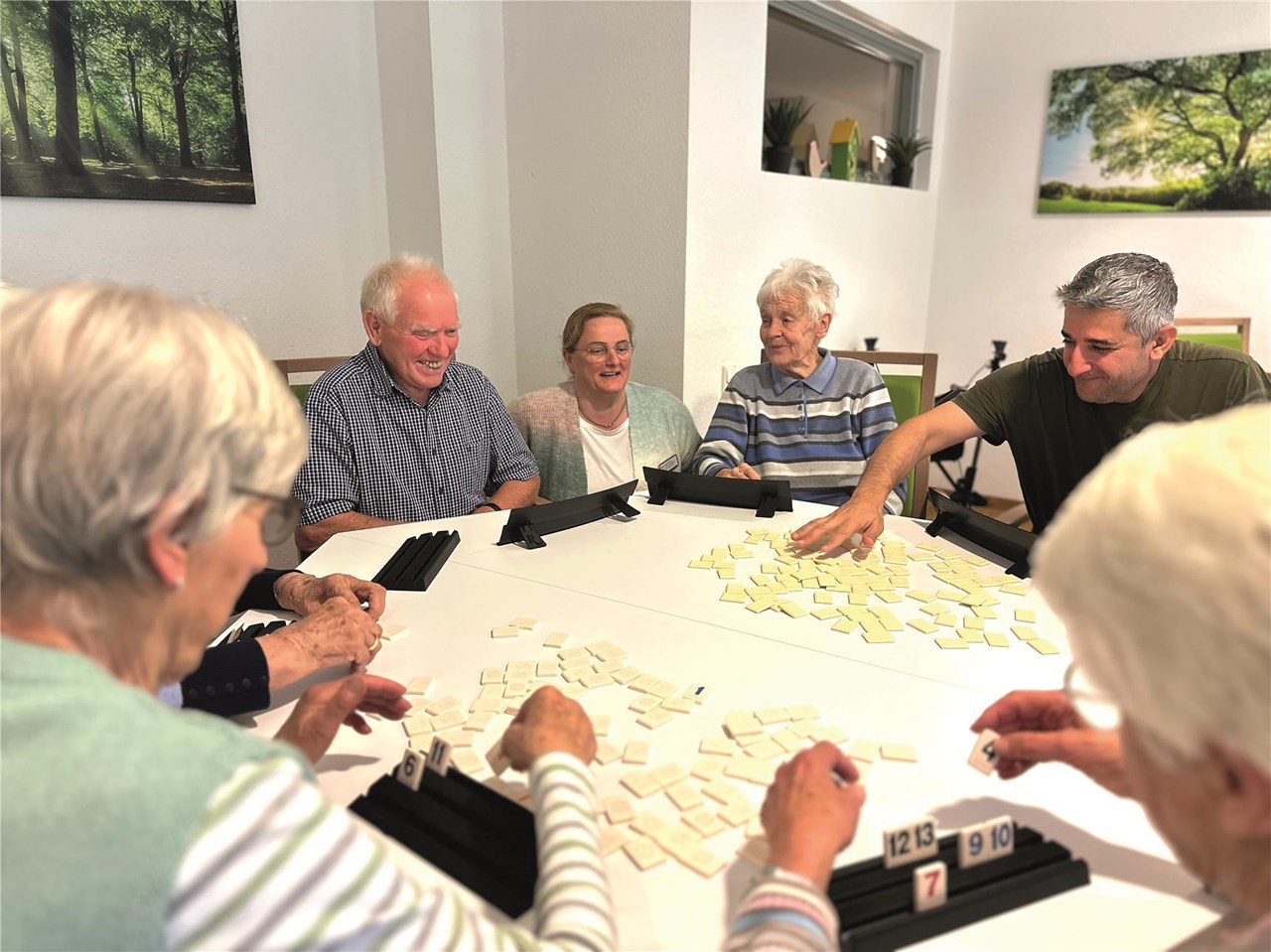 Sechs ältere Menschen sitzen am Tisch und spielen Rummikub