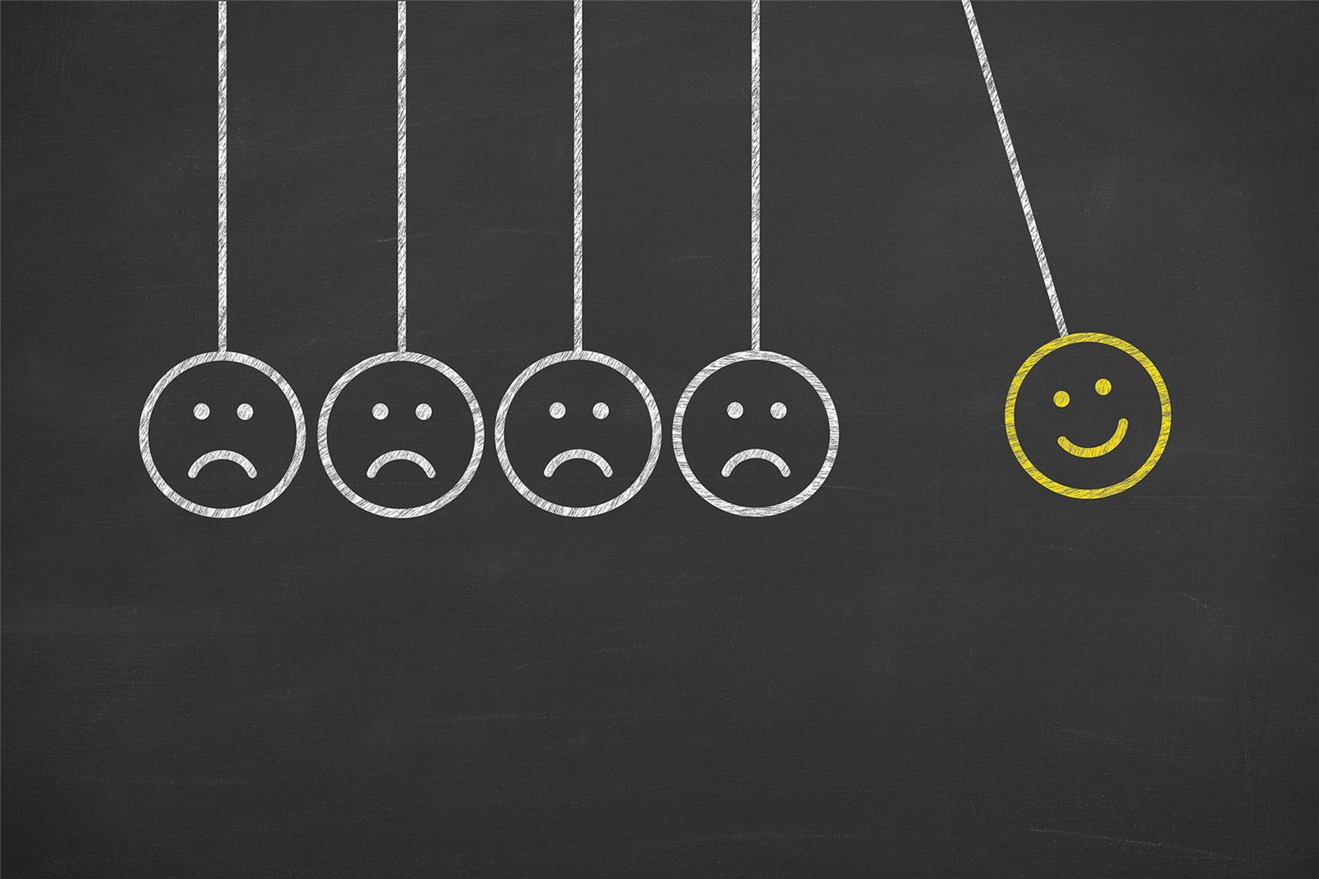 Vier gezeichnete Smileys hängen jeweils an einem gezeichneten Faden und schauen traurig. Ein weiterer Smiley schlägt zur Seite aus und lächelt.