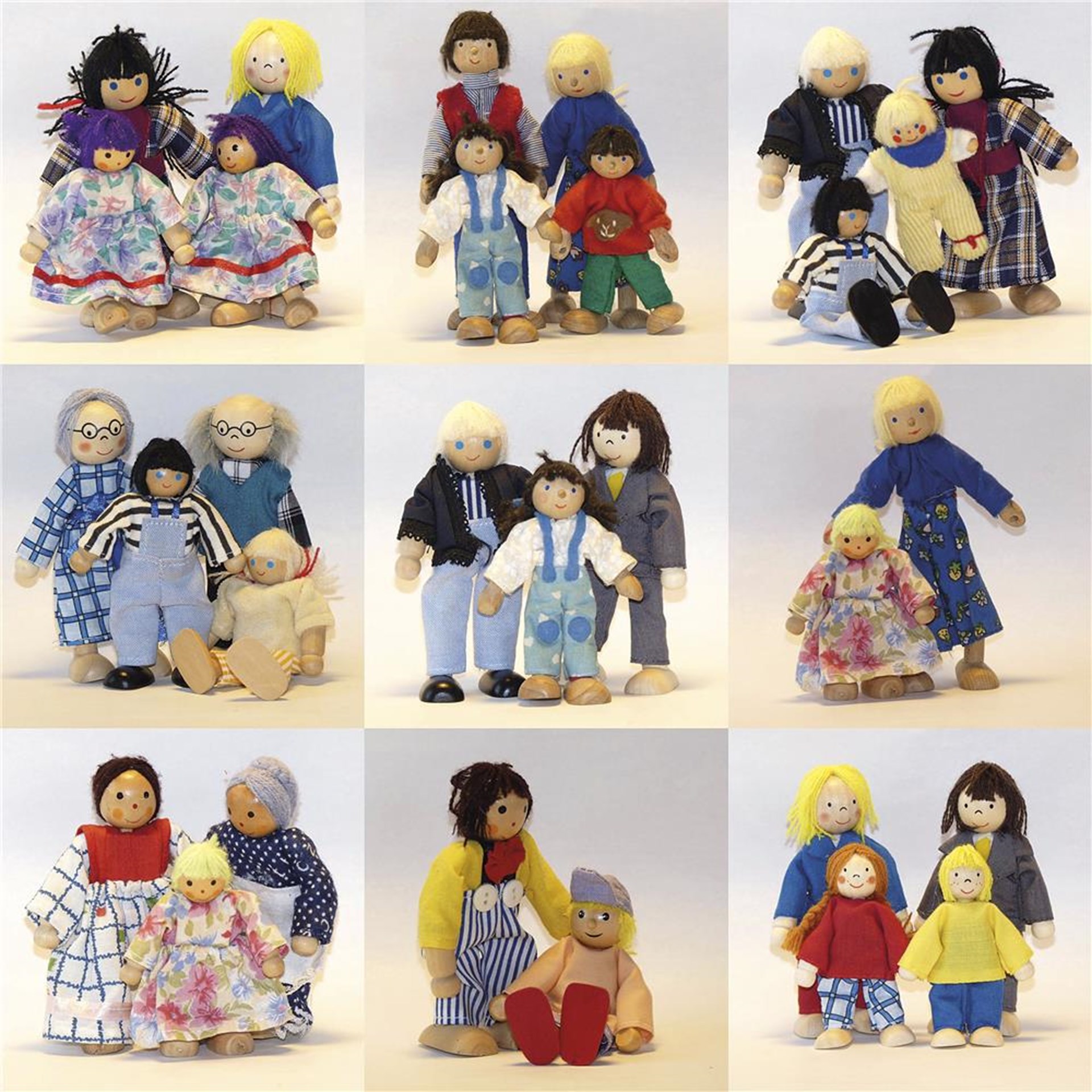 Eine Collage aus neun Feldern mit Holzpuppen, die verschiedene Familienformen darstellen