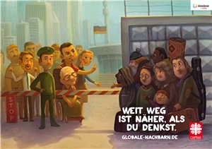 Kampagne 2014 - Motiv Flucht Bild der Caritas-Kampagne 2014 'Weit weg ist näher, als Du denkst' mit dem Mitiv 'Flucht'. Flüchtlinge stehen an der Grenze.